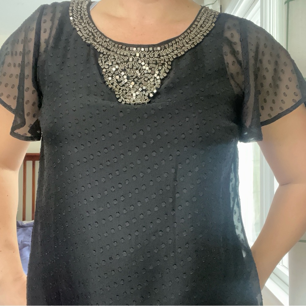 Skies Are Blue Black Sheer Blouse with bead Accents